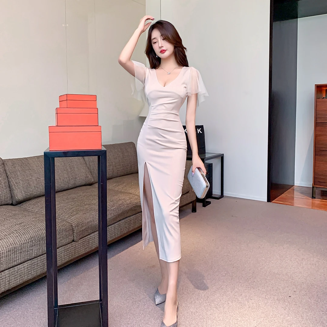 网纱拼接低胸V领性感短袖连衣裙女夏季夜总会开叉中长款包臀裙子