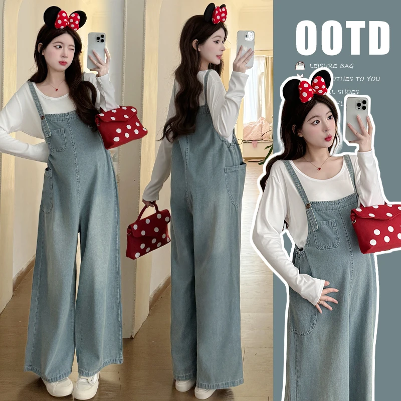 孕妇背带裤套装春秋水洗牛仔背带裤宽松直筒裤减龄时尚两件套装