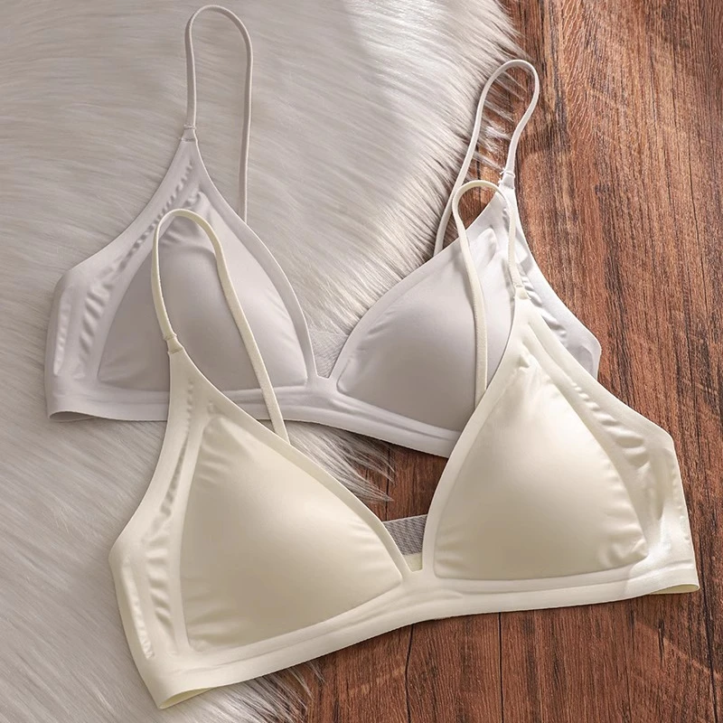 夏季薄款牛奶缎法式深V领内衣女细肩带小胸无痕三角杯无钢圈文胸