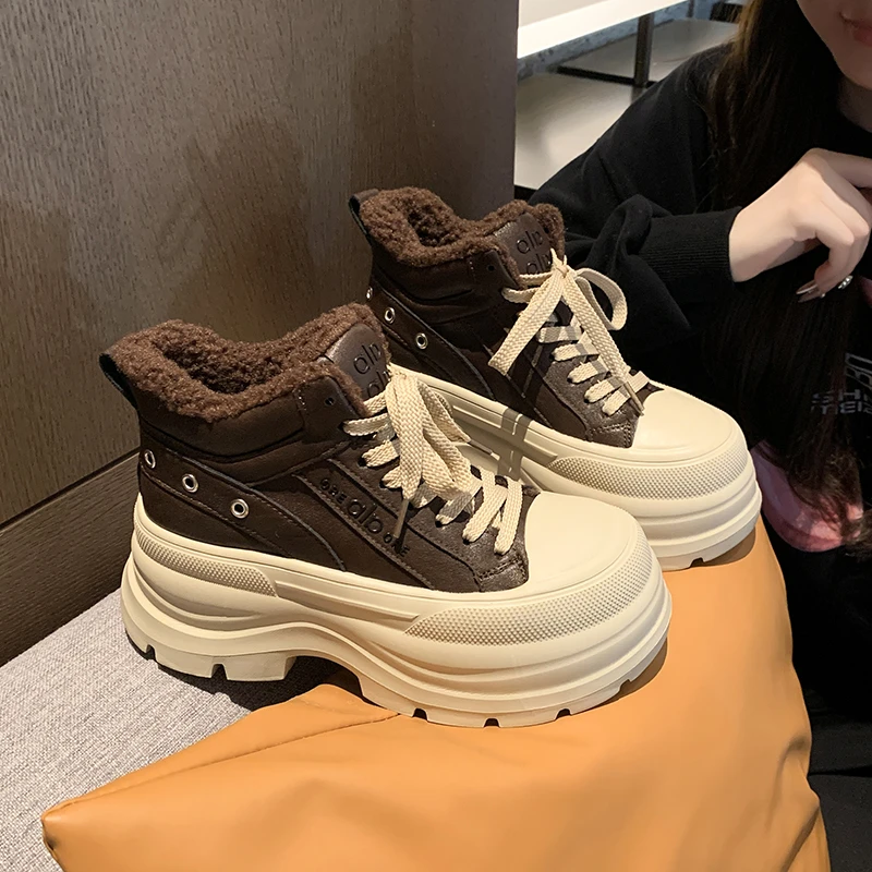 靓晶晶厚底真皮老爹鞋女7cm增高小个子高帮鞋轻便百搭休闲松糕底
