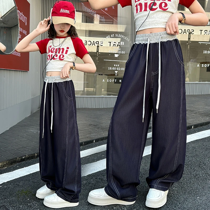 女童夏装套装2025新款儿童夏季短袖洋气女孩冰丝牛仔弯刀阔腿裤子