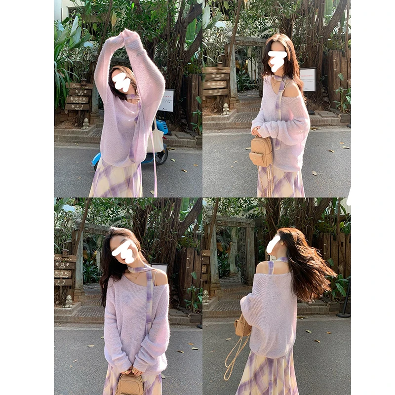 韩系穿搭紫色斜肩罩衫上衣菱格不规则吊带裙女连衣裙气质长裙套装