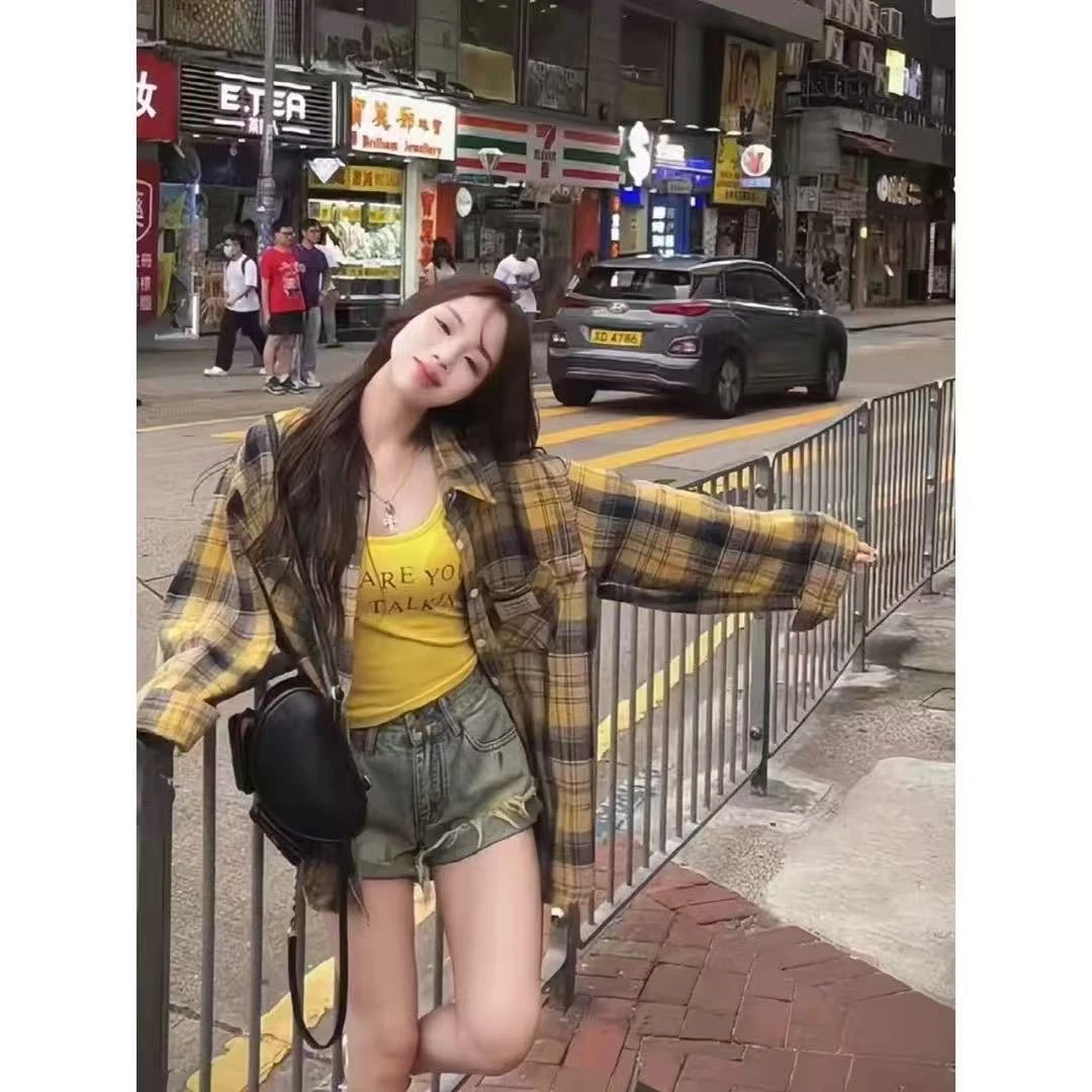 大码女装早秋新款格子衬衫＋印花吊带减龄显瘦遮肉套装