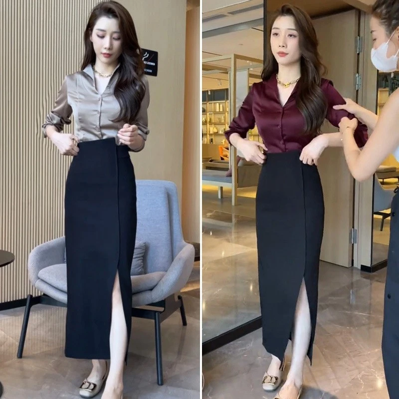 时尚套装气质领缎面衬衫女内搭长袖上衣秋高腰开叉半身裙两件套