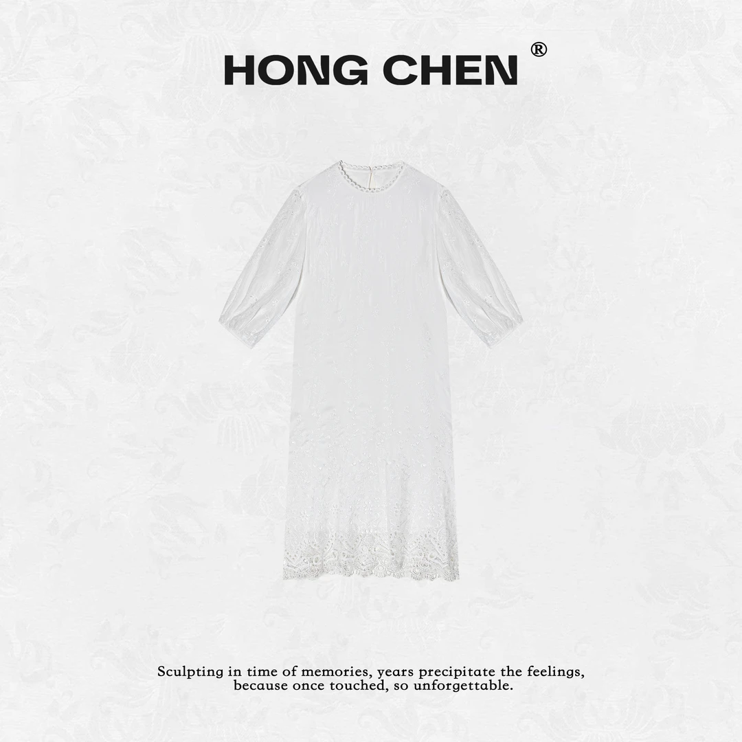 【虹辰】高端桑蚕丝重工镂空丝绵刺绣高级感法式蕾丝连衣裙--HC2765