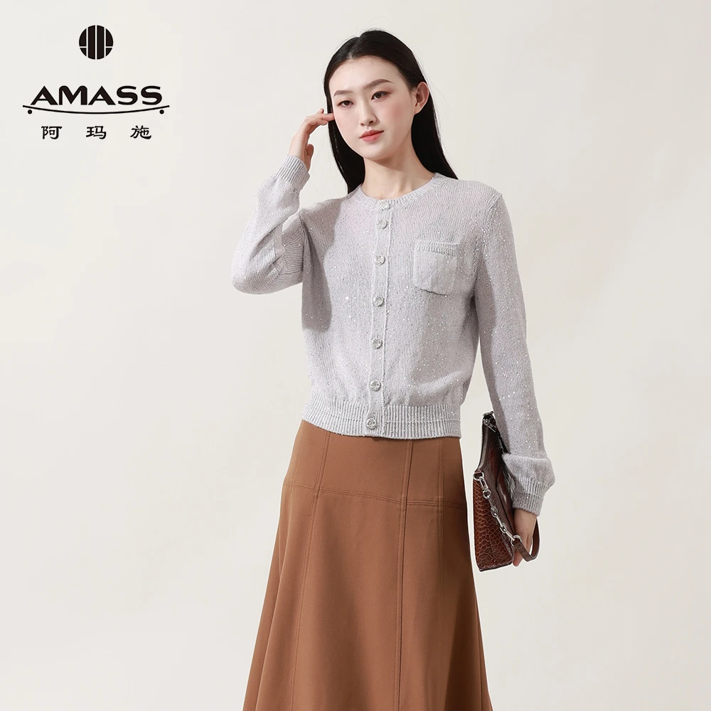 阿玛施AMASS新款小香风别致针织开衫珠片细闪外套品质女装548015