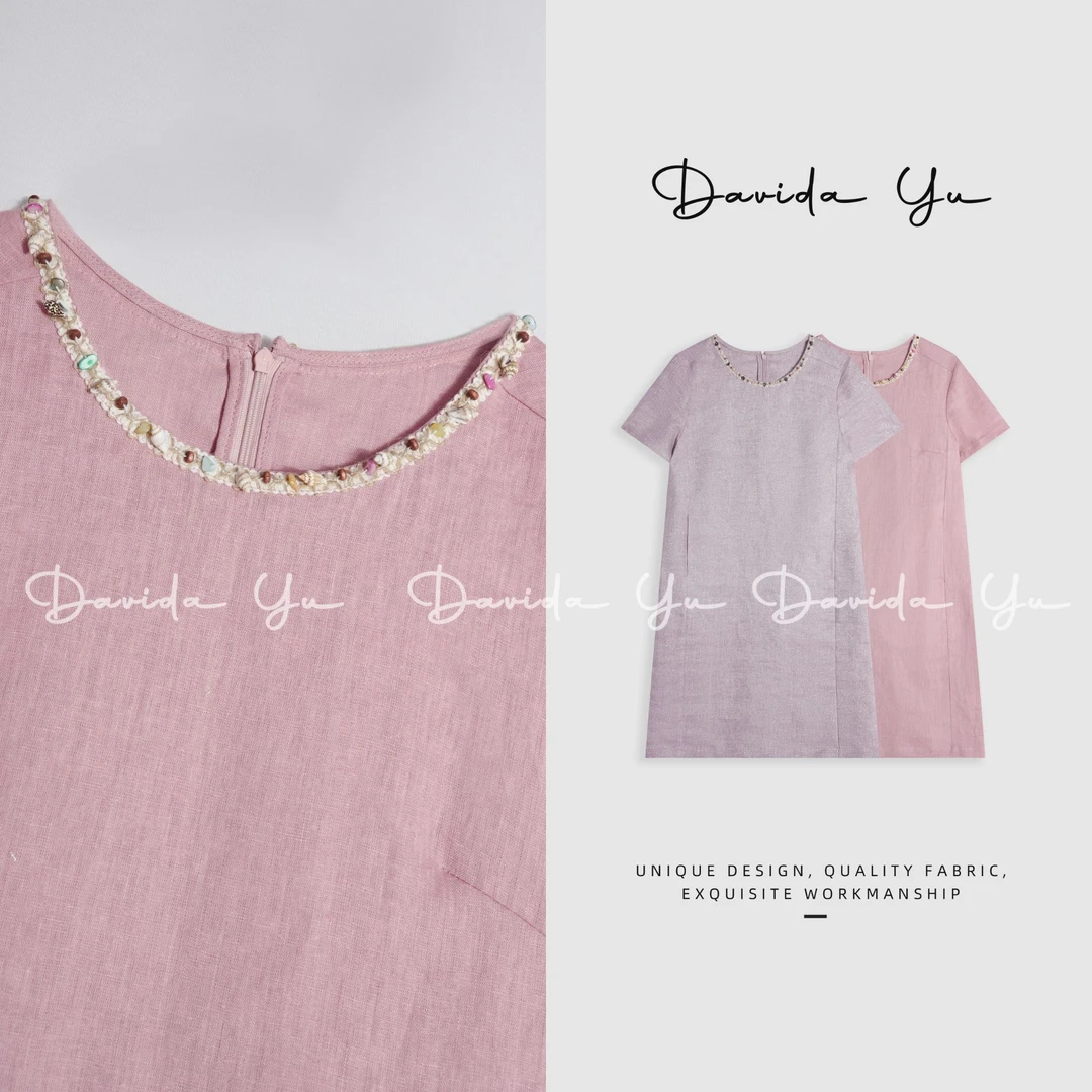 Davida Yu【丁香】亚麻+金丝 度假沙滩海螺手工缝制连衣裙 WQ25067
