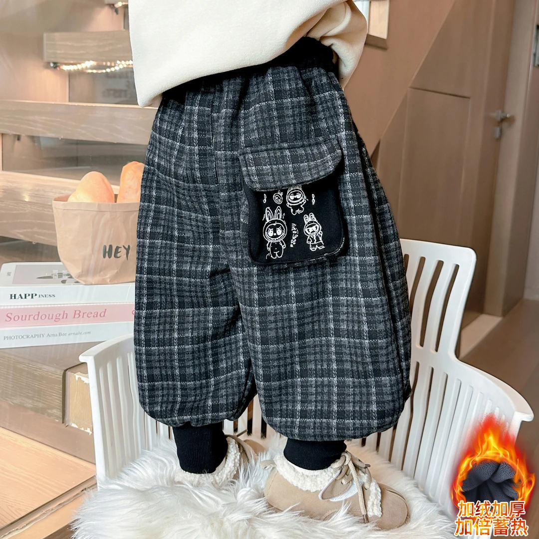 女童加绒格子裤洋气儿童秋冬装新款女宝宝一体绒休闲裤子小女孩潮