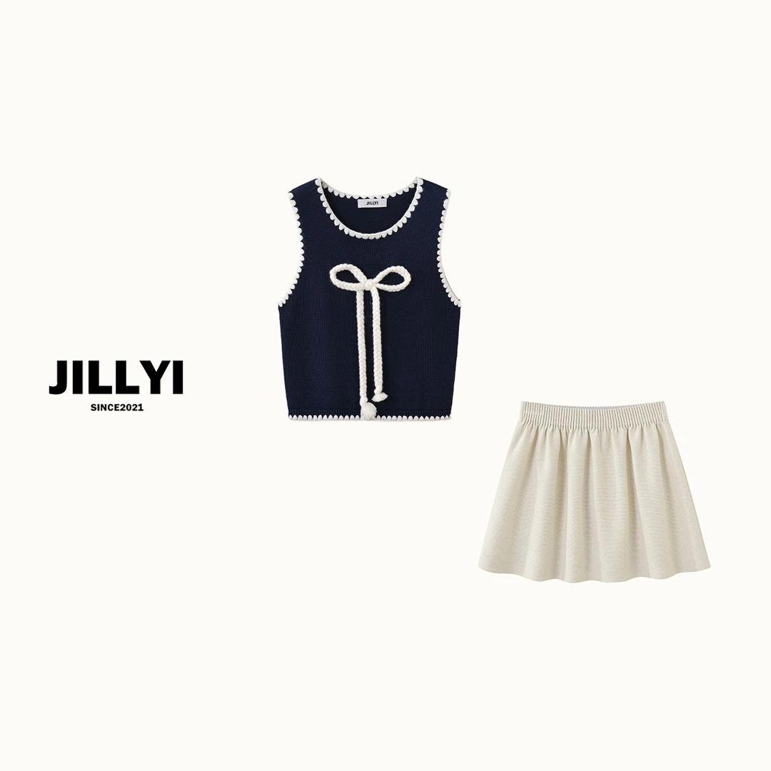 JILLYI珠海店【蓝调天空】+【奶油泡芙】深蓝色狗牙边针织衫+杏色半身