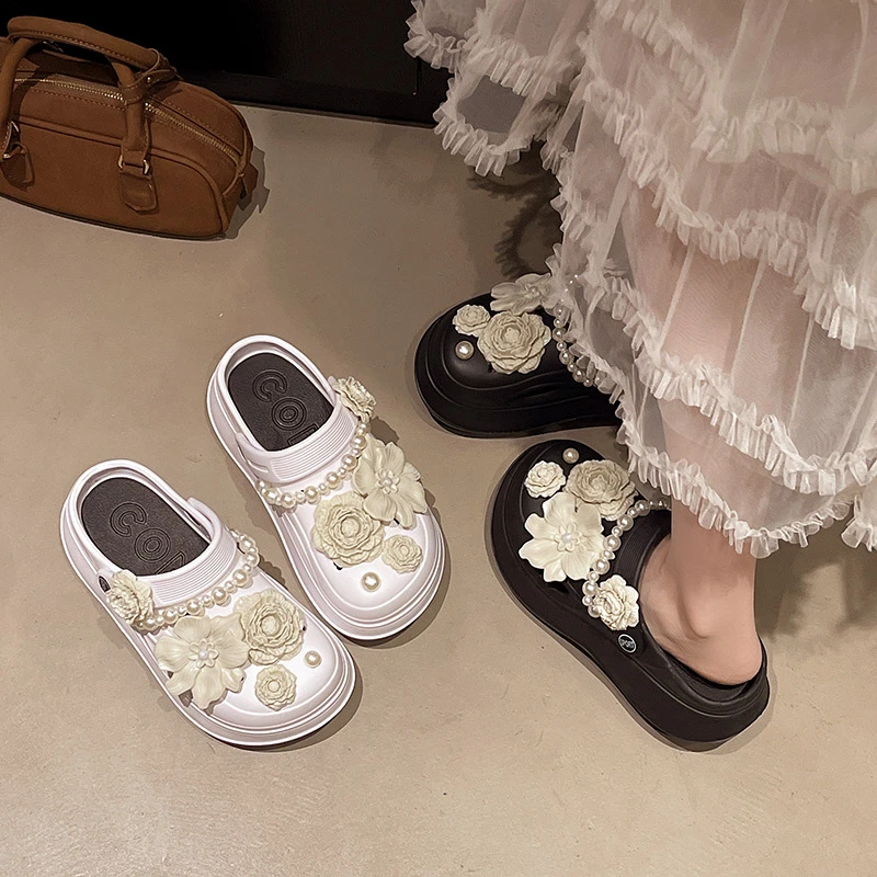 厚底花束洞洞鞋夏季爆款外穿海边增高包头拖女EVA防滑踩屎感凉鞋