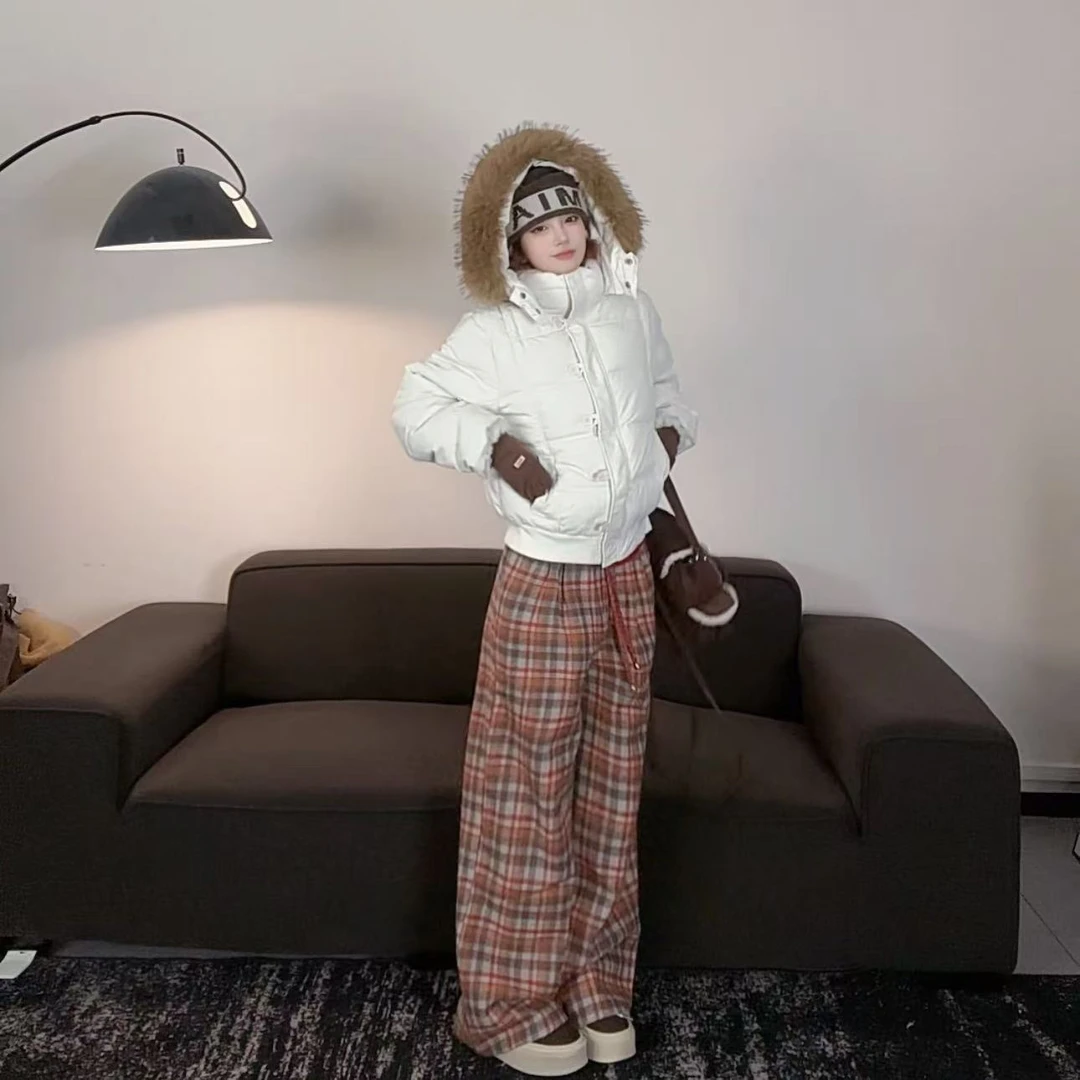 25暖系圣诞派对 慵懒风复古格纹毛呢休闲裤