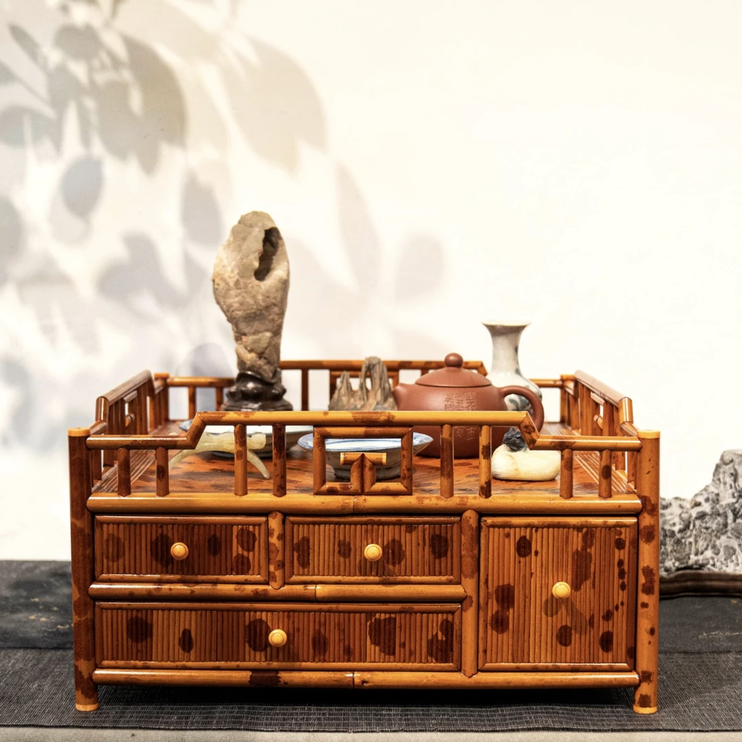 都承盘福建红湘妃竹两层文盘收纳手工茶道茶柜置物文房雅器