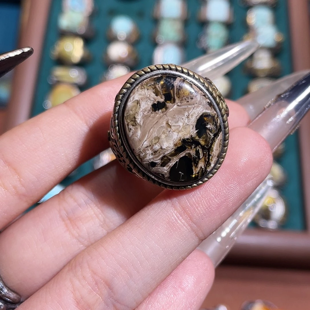 没***风琥珀银S925镶嵌戒指