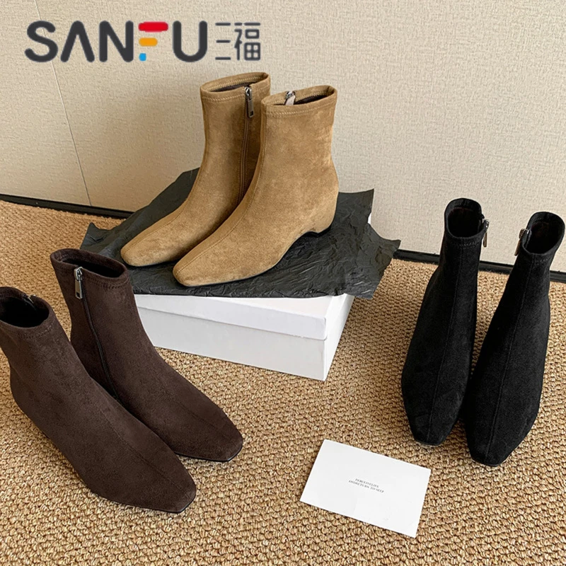 三福法式复古内增高瘦瘦靴女2025新款短靴气质小踝靴显瘦弹力袜靴