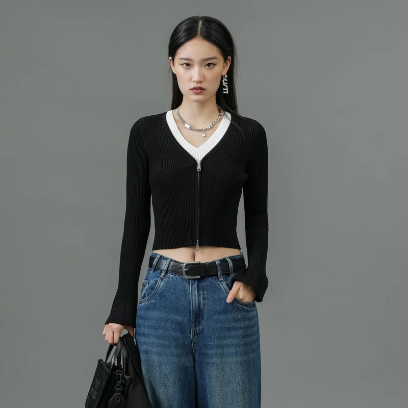 U/TI黑色短款拉链针织开衫假两件设计修身时尚上衣