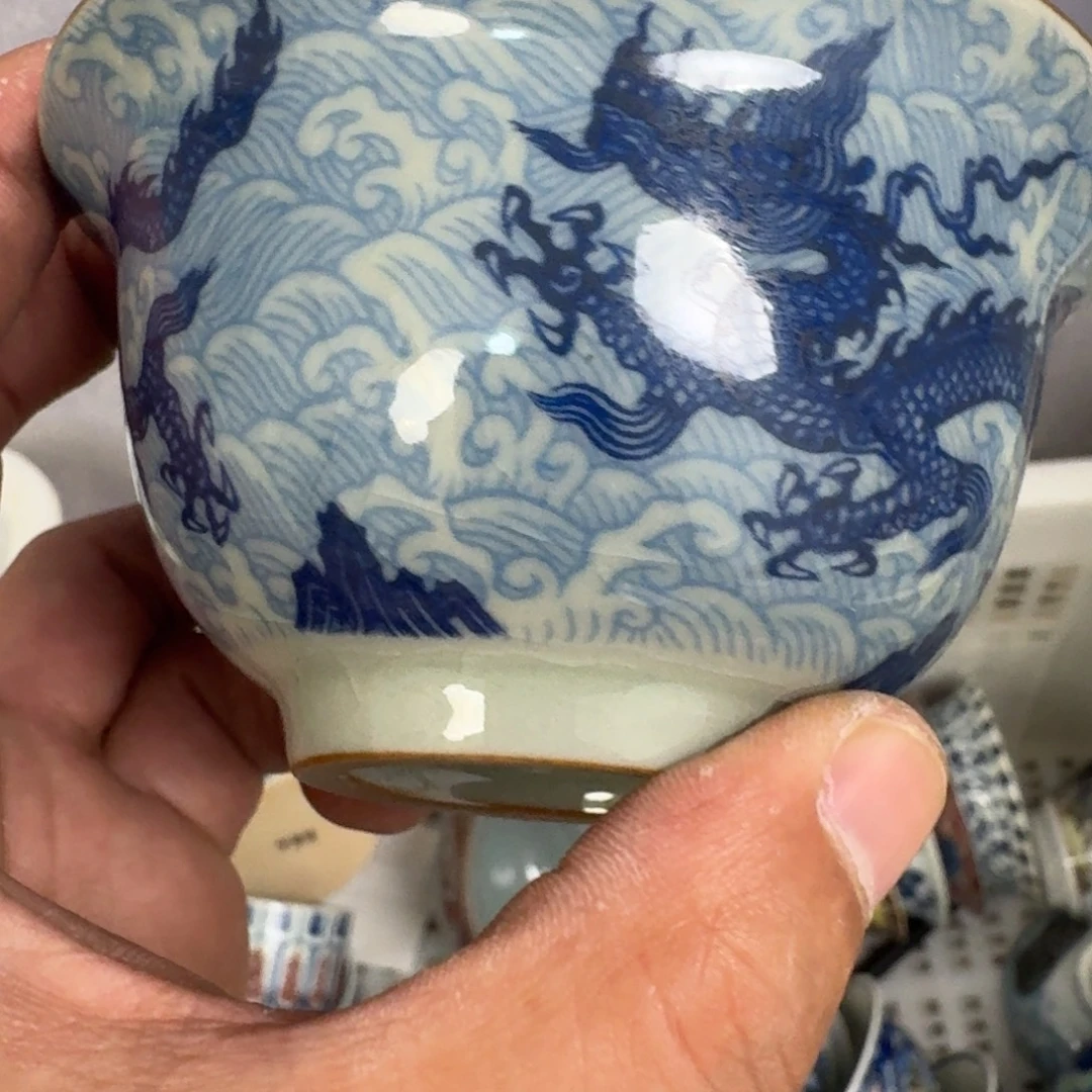 杯老陶泥青花海水龙大压手