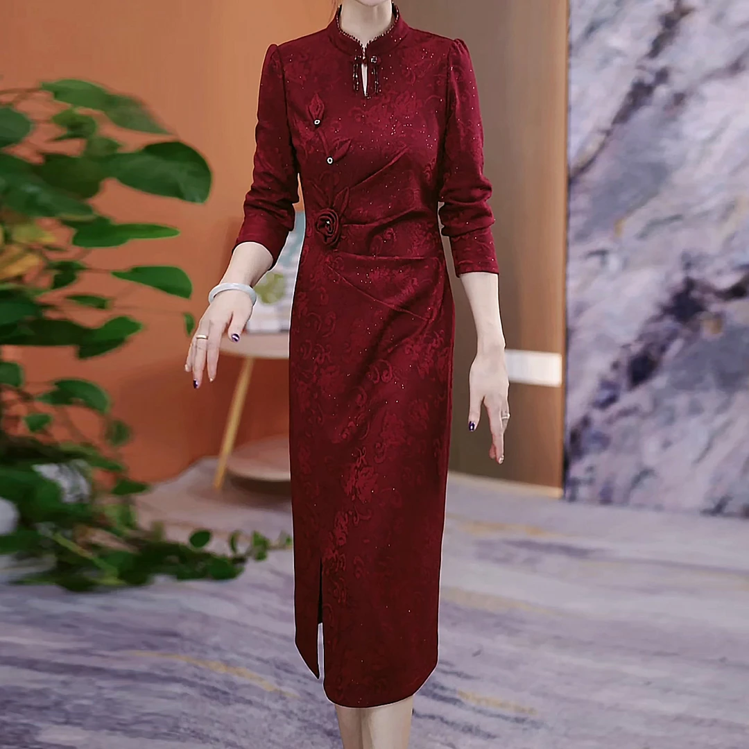 新款长袖红色中长款旗袍显瘦春秋喜婆婆婚宴旗袍裙秋季时尚连衣裙