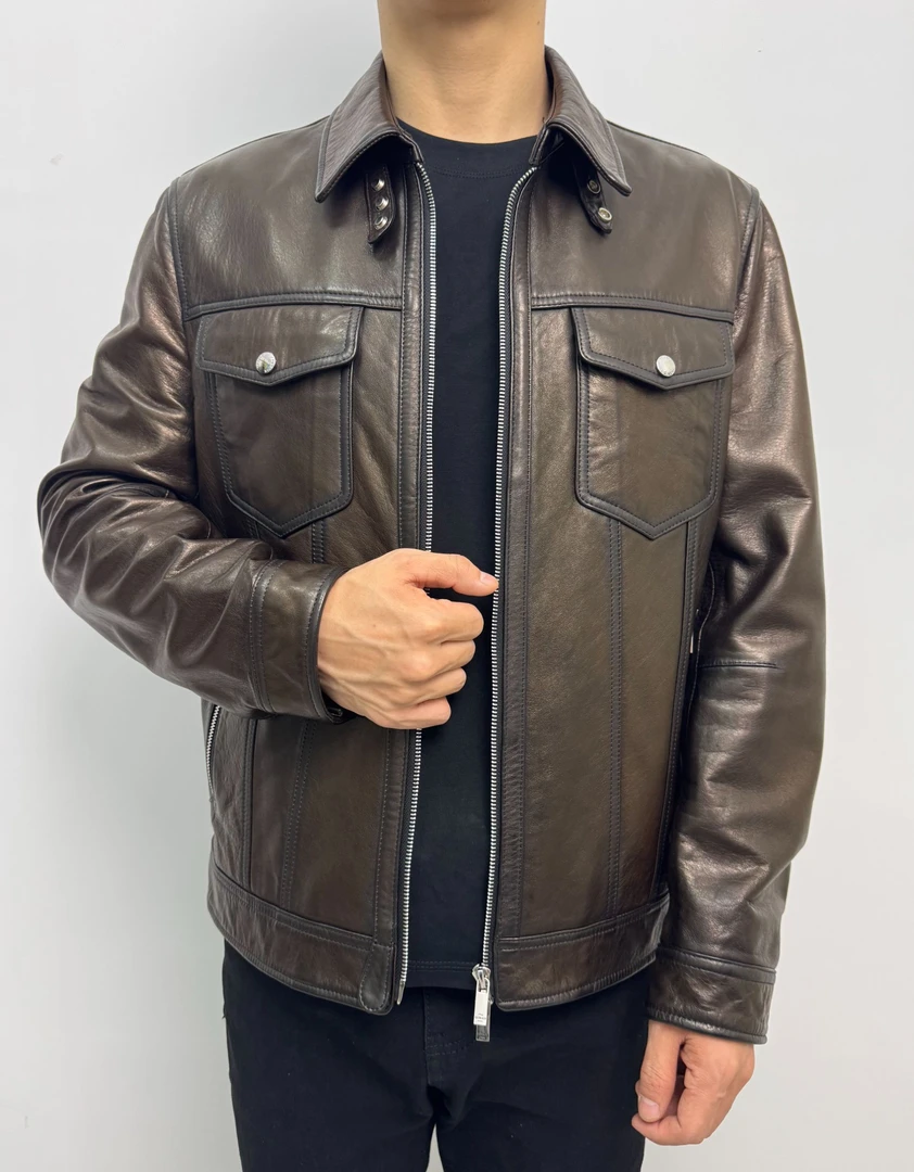 海宁翻领男撞色皮衣工装绵羊皮夹克短款百搭简约时尚设计风休闲