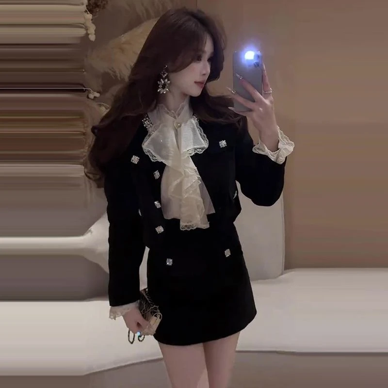 一整套千金感重工镶钻精致小香风短外套+半身裙网红穿搭两件套