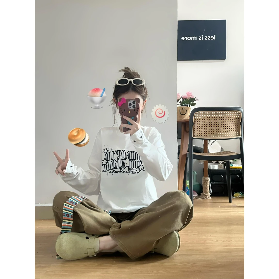 美式复古印花长袖t恤女2025早秋新款松弛感时尚百搭宽松上衣