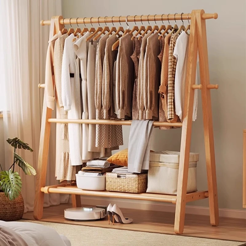 全实木挂衣架落地卧室衣帽架结实耐用立式榉木晾衣服折叠置物架子