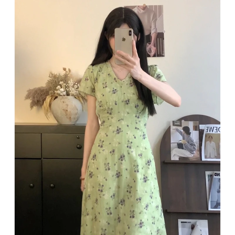 #9148气质甜美V领连衣裙修身显瘦绑带韩系长裙