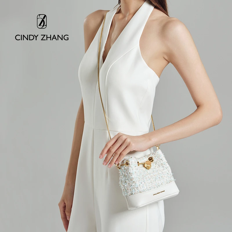 CINDY ZHANG轻奢设计师款小香风毛呢牛皮拼接单肩水桶包