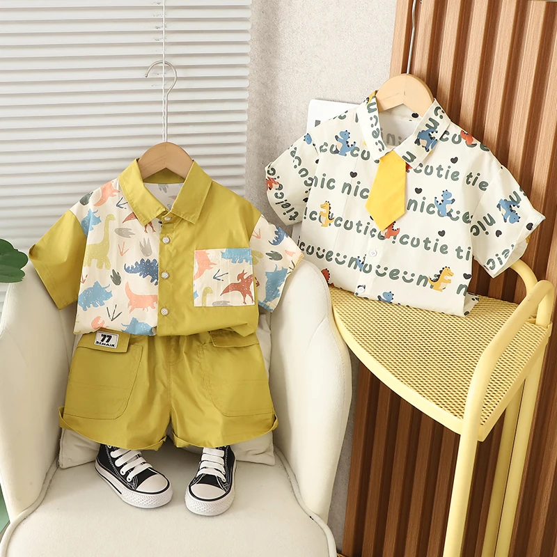 YH-儿童夏季25年新款套装男宝宝满印卡通衬衫短袖小童短裤两件套
