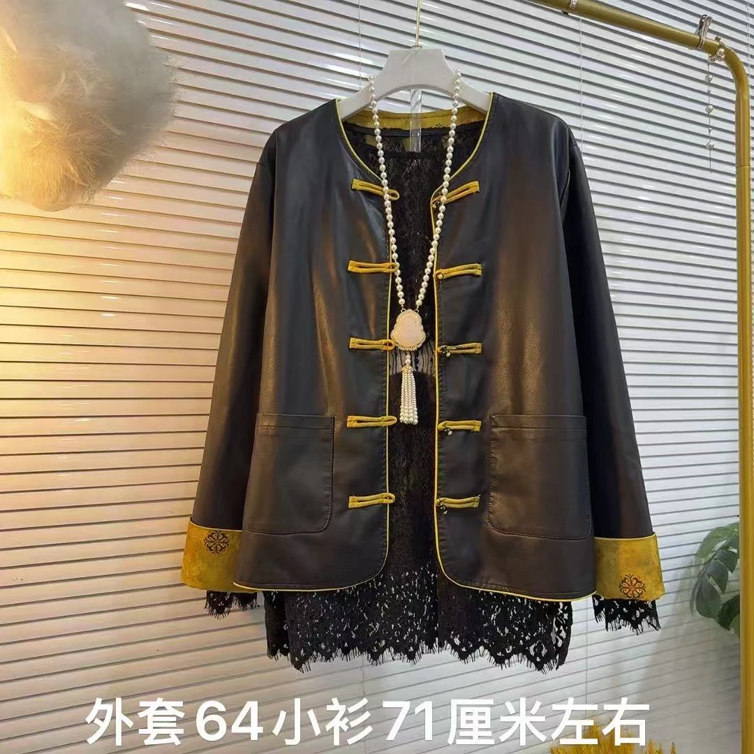 胖MM2025时尚新款新中式改良水洗皮唐装搭配镂空针织毛衣复古搭配