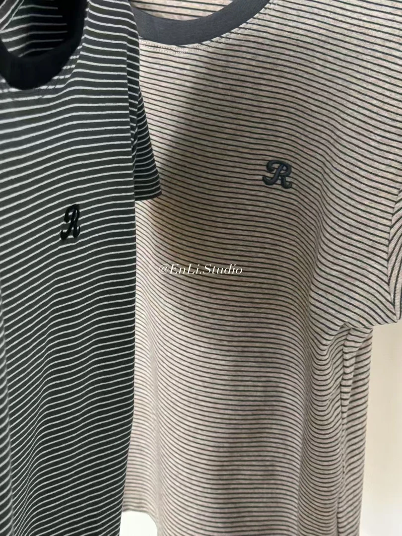 ENLI-正肩条纹刺绣高弹性短袖休闲百搭