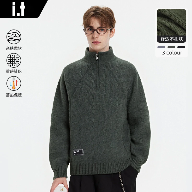 i.t izzue半拉链立领毛衣男冬季森系潮流上衣轻奢痞帅百搭针织衫