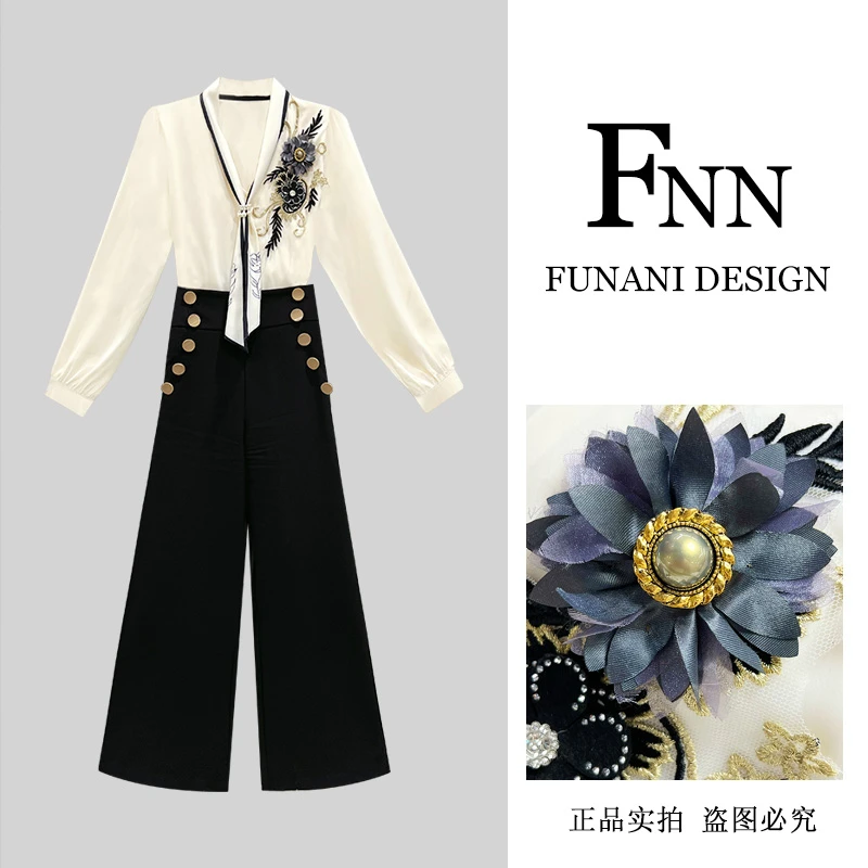 芙娜妮法式丝巾设计感衬衫不规则v领裤子高腰长袖F2431575A