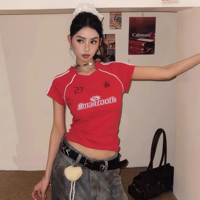 显瘦修身印花短袖恤女夏季新款百搭潮韩版红色蓝色涤纶圆领套女款