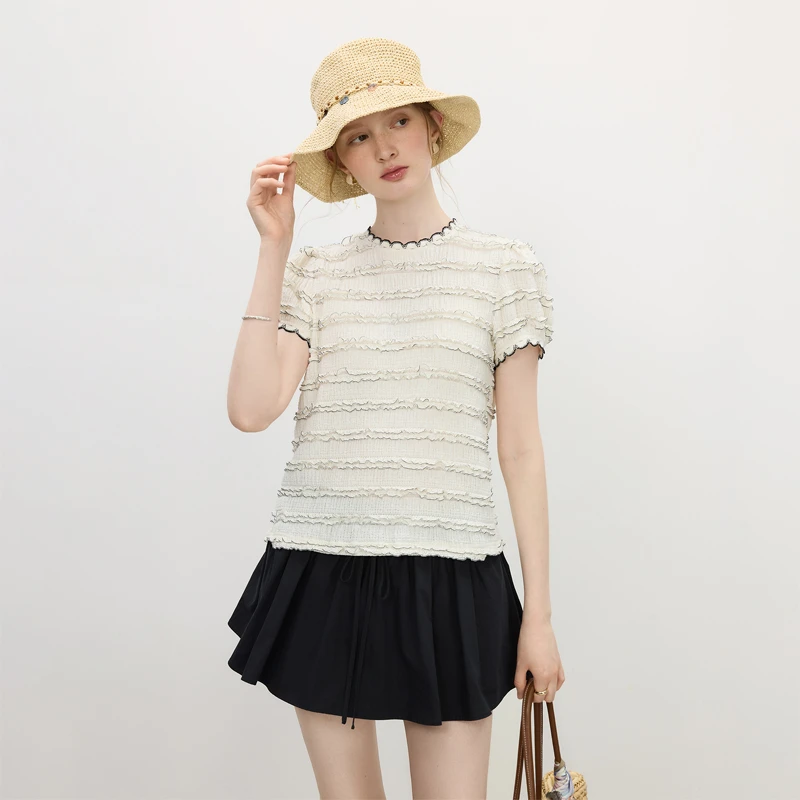 范思蓝恩减龄撞色花边肌理感百搭短袖T恤女夏季2025新款25FS12821