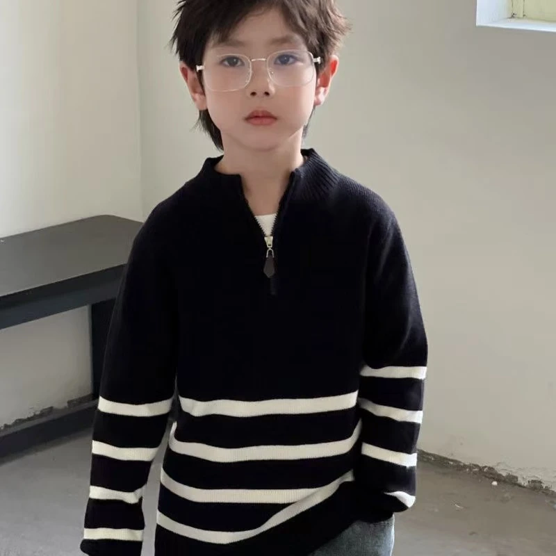 男童半拉链条纹套头毛衣针织衫2025秋冬季中大童上衣打底衫加厚