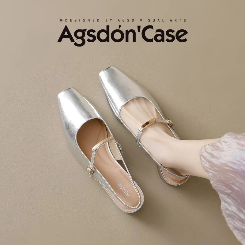 /奥古狮登银色玛丽珍鞋女2025新款夏季外穿透气浅口单鞋包头凉鞋Q