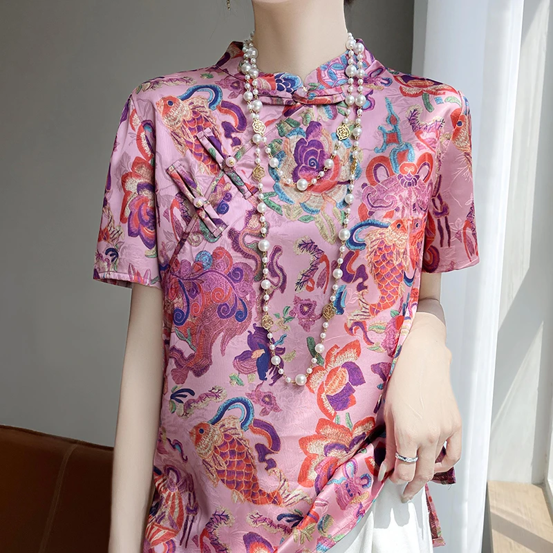 夏季国风改良盘扣气质立领短袖女新中式洋气印花宽松减龄T恤上衣