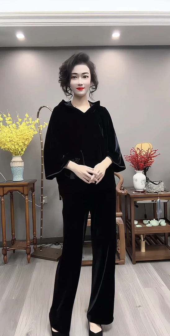 秋季新款时尚百搭宽松显瘦国风流苏七分袖丝绒上衣阔腿裤两件套装
