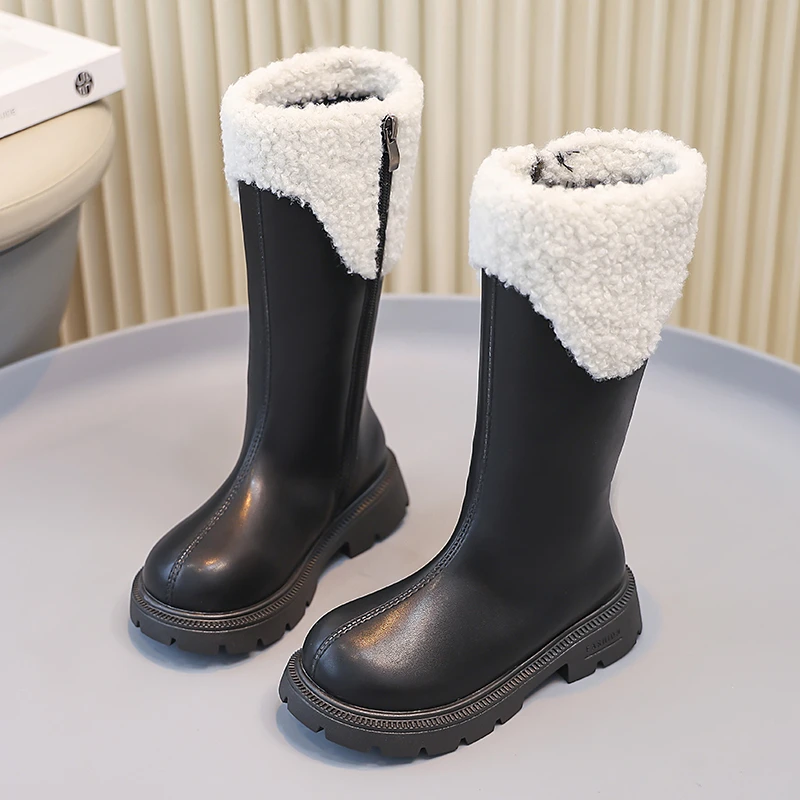 公主风女翻边侧拉链拉链皮靴靴子长靴秋冬中筒靴加厚款马丁靴潮