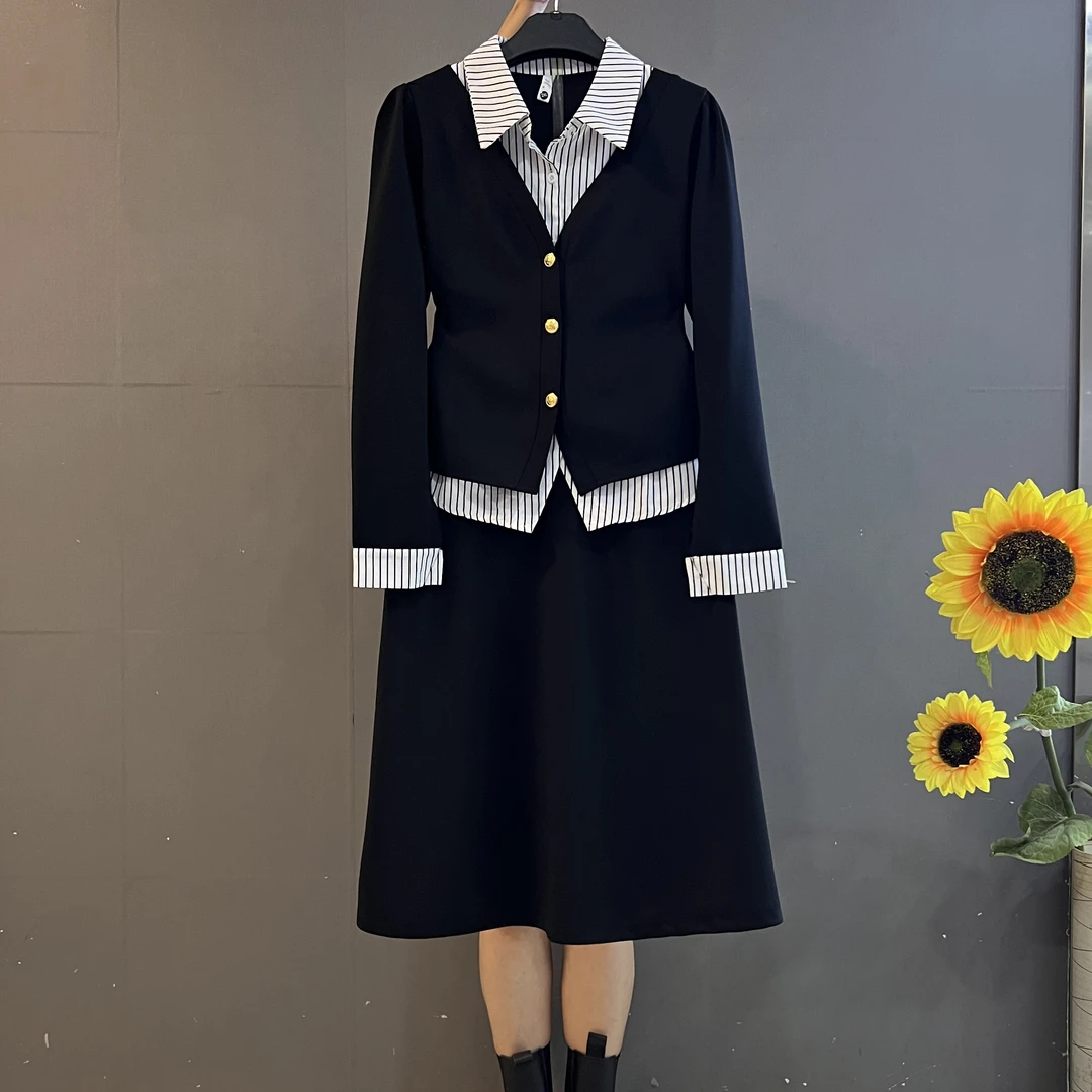 新款条纹衬衫领假两件单排扣上衣搭配半身裙显瘦两件套