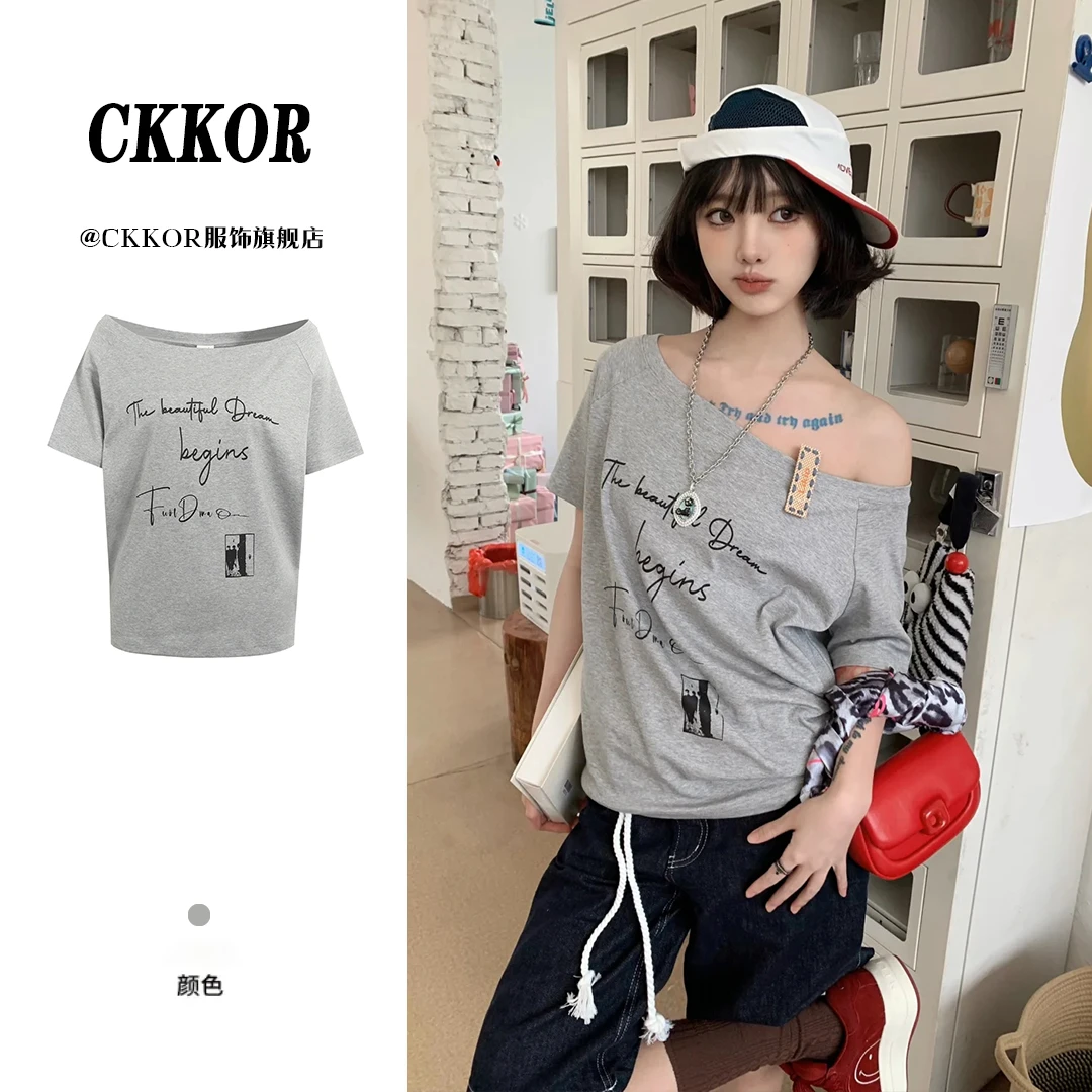 CKKOR时尚百搭夏季新款美式印花斜肩短袖t恤女慵懒风宽松显瘦上衣