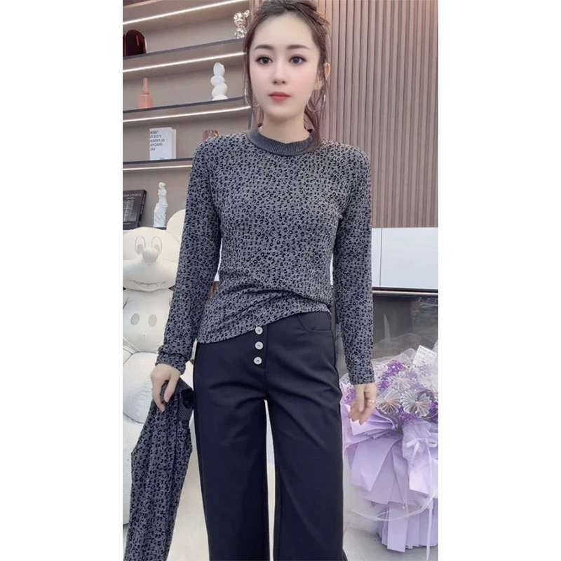 欧货2025秋冬新款洋气豹纹针织衫时尚洋气百搭长袖打底衫女显瘦