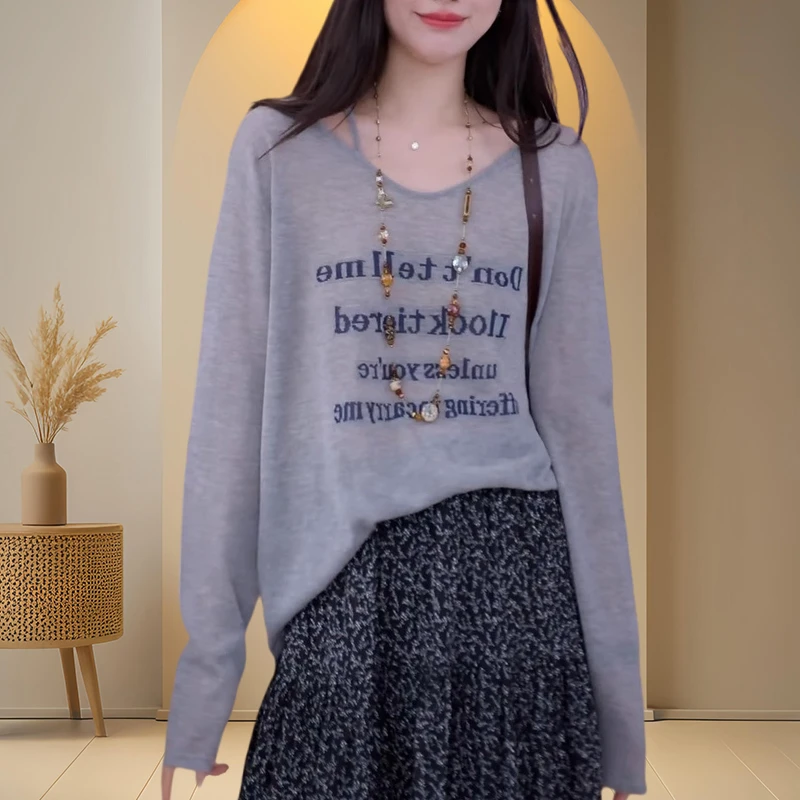 韩系字母印花薄款防晒罩衫长袖t恤女夏季chic时尚百搭空调衫上衣