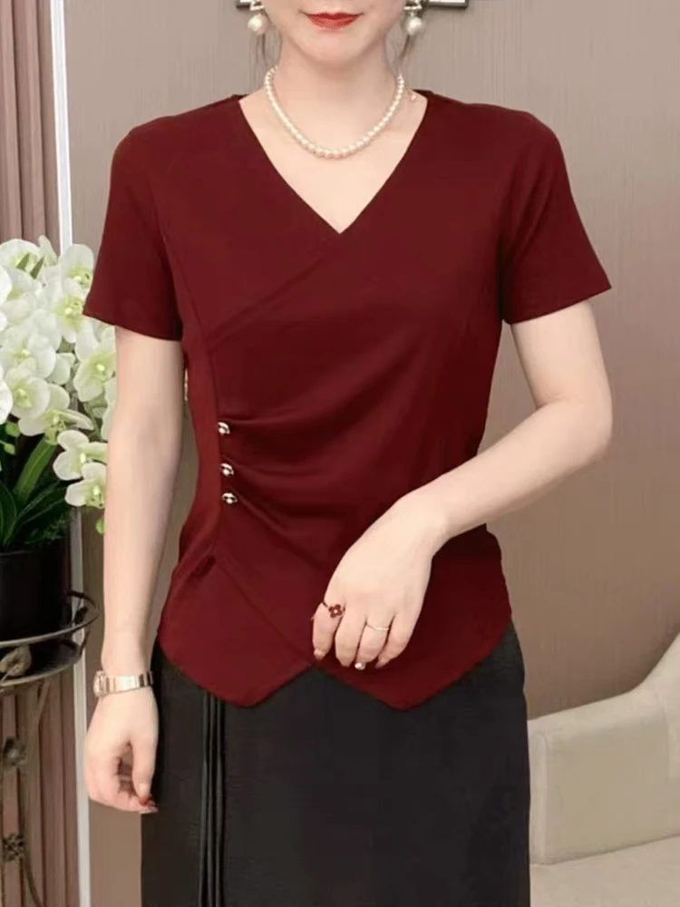 2025夏季新款短袖显瘦时尚百搭V领宽松洋气纯色不规则T恤