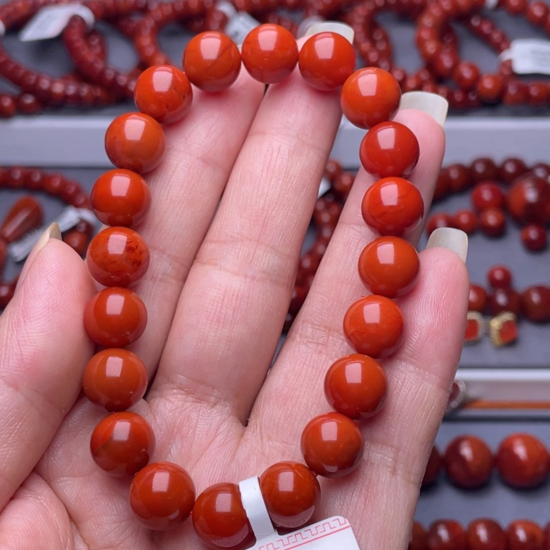 南红玛瑙未镶嵌配珠10.2mm瓦西纯柿子红满肉细火焰高品手串