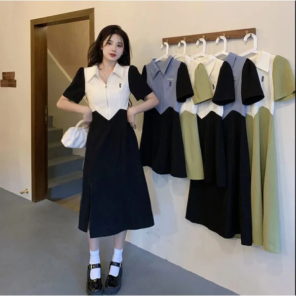 学院风撞色设计感开叉韩版连衣裙女新款POLO领收腰显瘦短袖裙