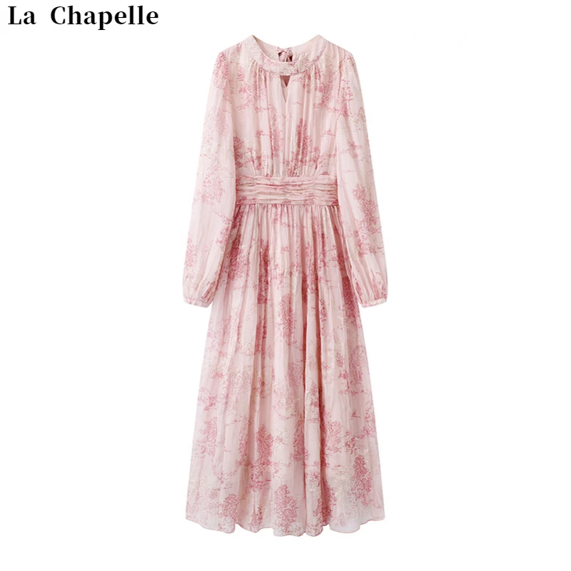 La Chapelle/拉夏贝尔6018新款法式刺绣提花踏青A字裙百褶碎花裙