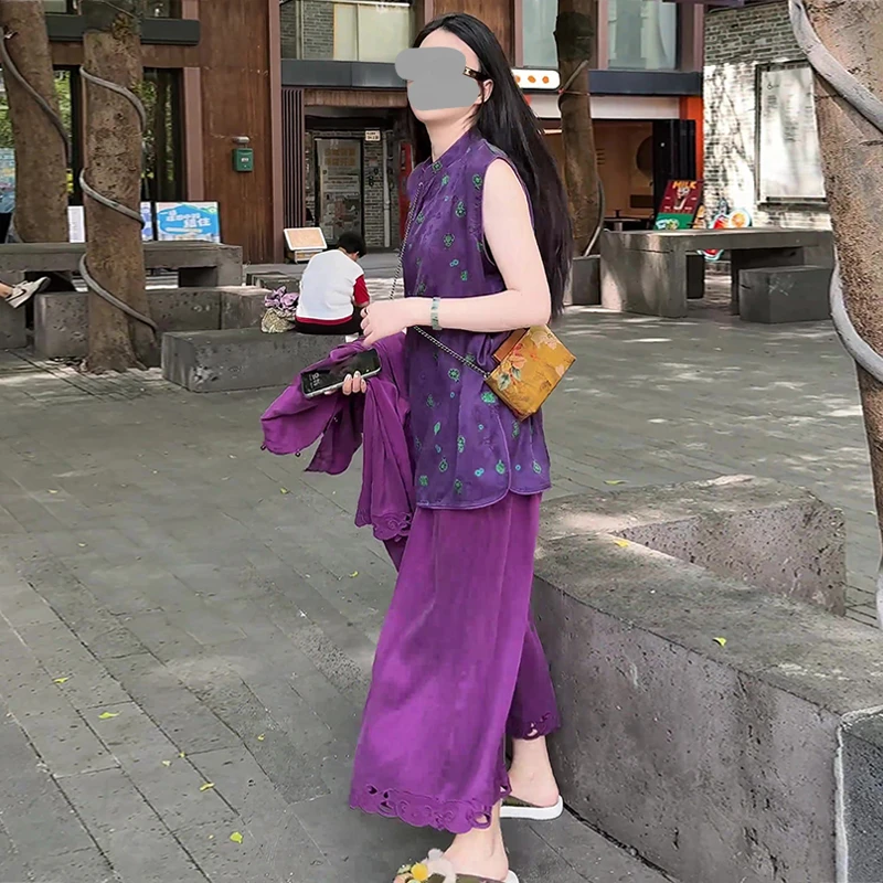 巨好看的夏装一整套新中式国风轻熟小众不撞款紫色印花马甲套装裤