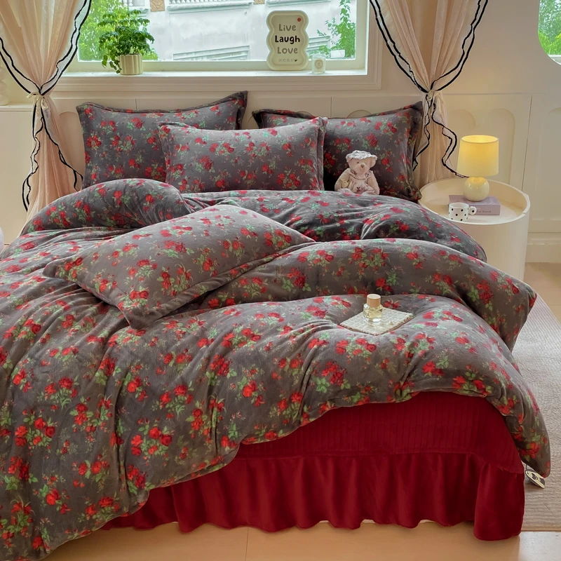 冬季A类加厚牛奶绒床盖四件套双面绒保暖绒被免打理防滑床盖套件