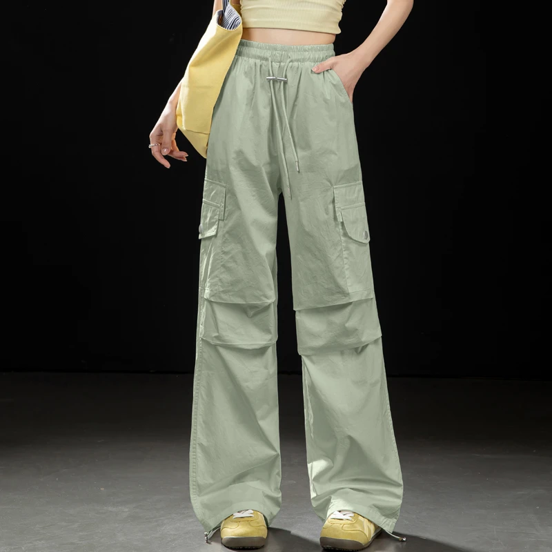 水洗棉阔腿裤女2025新款夏直筒伞兵工装裤酷飒风高腰束脚登山长裤